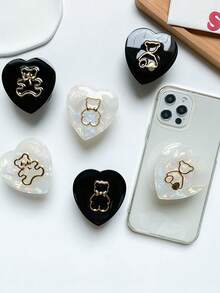 1 Piece Of Heart-Shaped Little Bear Mobile Phone Sliding Stand, Solid-Color Heart-Shaped Laser-Plated Hollowed-Out Little Bear Back Sticker Retractable Mobile Phone Support Stand Compatible With IPhone, Android Phone, Gift For Birthday, Family, Friends Push-Pull Phone Grip Phone Holder Phone Accessories