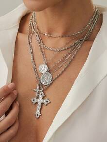4pcs/Set 14k Gold Plated Multi-Layer Beaded Cross & Virgin Mary Necklace, Suitable For Vacation, Prayer, Baptism Wear - Style 15 - View 6