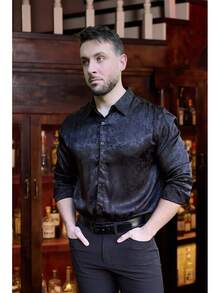Men's Silk Satin Dress Shirts Jacquard Long Sleeve Floral Button Up Shirts Party Prom Wedding Shirthalloween - Màu be - Xem 10