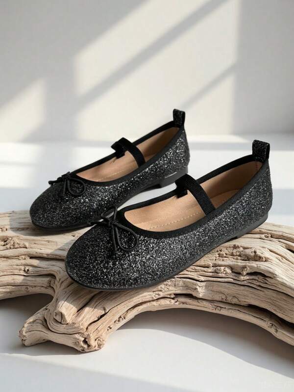 Girls' Cute And Comfortable Ballet Flats, Shiny Sequin Fabric, Elastic Strap Closure, Solid Color, PU Material - Suitable For All Seasons
