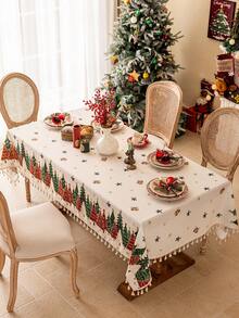 1pc Merry Christmas Party Tablecloth, White Christmas Tree Pattern, Dining Table Cover, 3D Bamboo Texture, Beige Tassel Decor, Washable, Coffee Table, Cabinet Cover, Holiday Decor, Suitable For Gathering, Dinner, Festival, Party, Christmas Gift, New Year Decor, Autumn Decor