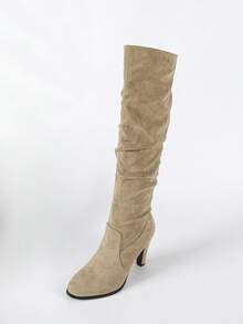 2024 Autumn/Winter New Round Toe High Heel Side Zipper Knee-High Boots, Thick Heel Tall Elastic Riding Boots For Women - Apricot - View 8