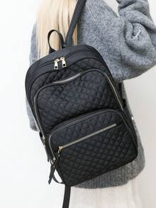 Women's Nylon Solid Color Quilted Large Capacity Versatile Backpack, Minimalist Casual Student Backpack, Commuter Bag - Black - View 8