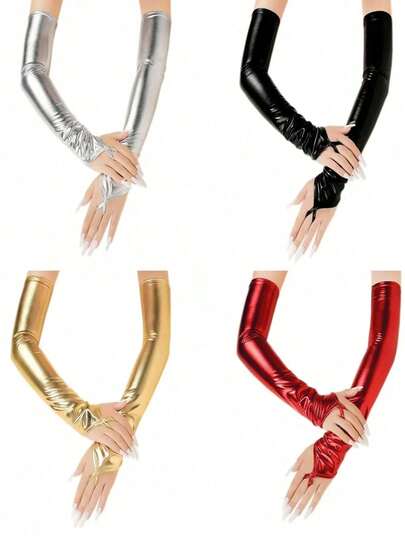 1 双纯色涂层面料钩指紧身情侣亲密舞台表演反光手套，适合所有季节