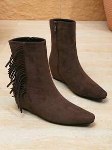 Women's Retro Suede Solid Color Chunky Heel Mid-Calf Boots, Pointed Toe Side Zipper Slip-On Comfortable Versatile Western Style Boots For Autumn/Winter Daily & Party - Brown - View 6