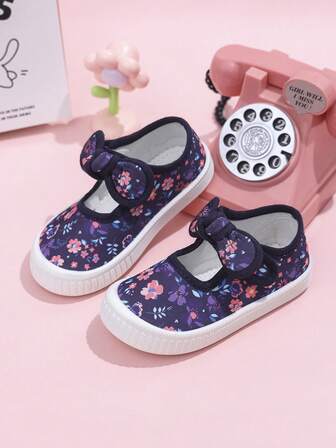Toddler Girls' Soft & Comfortable Wide-Fit Canvas Shoes With Cute Bow & Hook And Loop Closure, Suitable For Indoor & Outdoor Wear, All Seasons