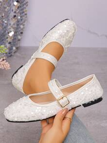 Sepatu Flat Mary Jane Vintage Ukuran Plus 35-43, Sepatu Kerja Sol Lembut Ujung Persegi, Sepatu Balerina Bertali Baru untuk Pakaian Sehari-hari & Pesta Musim Semi/Gugur untuk Wanita, Pola Acak - Putih - View 2