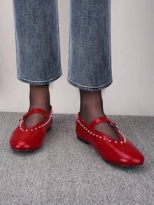 Bailarinas de mujer con puntera redonda, decoración de remaches rojos, estilo Mary Jane. Zapatos planos casuales, cómodos y versátiles, adecuados para vestidos, ir al trabajo y uso diario.