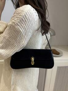 新款时尚金属装饰仿麂皮托特单肩包，适合聚会、郊游、度假、购物和日常使用，可存放硬币、手机，也适合作为白领、大学生和办公室职员的工作包，优雅的女士包 - 黑色 - 查看 3