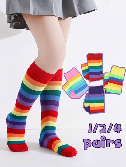 1/2/4 Pairs Girls Colorful Knee High/Over The Knee Socks, Sweet & Fashionable, All Season