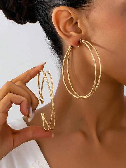 1 Pair European & American Fashion Double Circle Cross Vintage Matte Clip-On Earrings For Women, Suitable For Vacation, Party, Exaggerated Large Hoop Clip Earrings, Comfortable Elastic Ear Clips