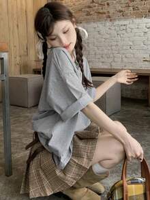 Women's Loose Hollow-Out Slogan Print Short Sleeve T-Shirt, Grey - Grey - View 9