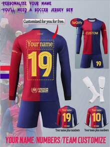 [Customized] Personalized Number Name 2-Piece Boys'/Teenagers'/Kids' Casual Barcelona-Style Football Jersey #7 Printed Crew Neck Long Sleeve And Shorts Set - Polyester, Suitable For Sports, Training & Casual Wear, Perfect For Outdoors - Red - View 3