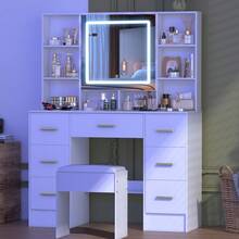 Vanity Makeup Table Set Dressing Desk With Large LED Lighted Mirror 7 Drawers  - Perfect For Organizing Makeup, Skincare, Elegant Vanity|Decorative Vanity, Vanity Furniture, Compact For Small Space, Bedroom Decor Gift, Perfect Gift For Women Girls , Ideal para regalos de Navidad y Halloween. - Blanco - Ver 4