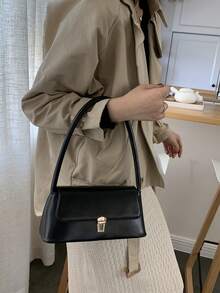 1pc Solid Color Suede Handbag, Portable Commuter Lockable Fashion Minimalist Retro Versatile Shoulder Bag & Tote Suitable For Women Daily Use - Black - View 8