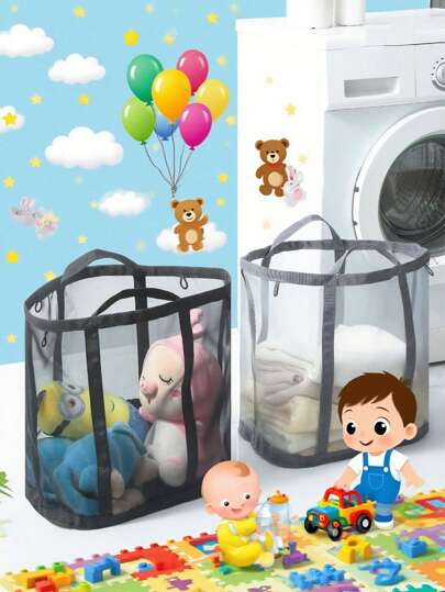 1 pièce Sac de rangement pliable en maille pour bébé et enfants - Rangement de jouets pour la nurserie, panier à linge portable, panier à vêtements suspendu, organisateur de salle de jeux