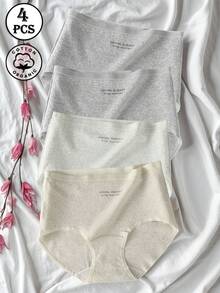 4 Peças de Calcinhas de Algodão Macias e Confortáveis para Mulheres, Cor Sólida com Elástico na Perna, Design com Estampa de Letras
