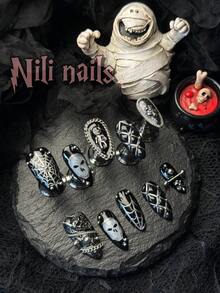 独特的万圣节指甲，10 件恐怖季节独家万圣节手工按压指甲杏仁指甲 3d 立体钻石网格手工雕刻 Y2k 指甲 3d 艺术手工雕刻蜘蛛网和扎染指甲艺术银色和黑色指甲全覆盖亚克力假指甲套装，适合女性和女孩，附赠凝胶贴纸指甲锉