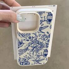 1pc White Leather Texture Minimalist Blue Flower & Bird Pattern Phone Case, Suitable For IPhone 16 Pro Max, 15, 14 Plus, 13, 12, 11