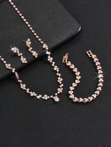 4pcs Set: Rhinestone & Crystal Encrusted Necklace, Earrings, Bracelet - Bridal Jewelry Set