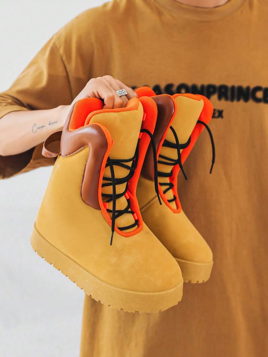 Fashionable Comfortable Warm Lining Anti-Slip Durable Rubber Sole Soft Leather Upper Lace-Up Design Outdoor Travel Boots For Teenage Boys, Autumn/Winter