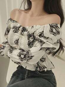 2025 Spring/Autumn Elegant Unique Long Sleeve Cinched Waist Floral Print Blouse - Apricot - View 2