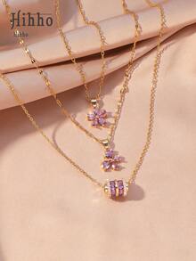 Hihho 3 件套时尚多功能闪亮紫色锆石镶嵌花朵、蝴蝶、腰吊坠项链套装，时尚魅力派对礼物，可单独佩戴或叠戴，优雅日常佩戴 - 紫色 - 查看 2