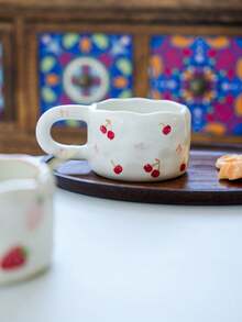 1pc Korean Ins-Style Hand-Painted Ceramic Coffee Cup & Saucer Set, Asymmetrical Cup Body With Cherry & Strawberry Pattern, Practical Ceramic Drinkware For Office, Casual, Breakfast, Afternoon Tea