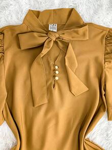 Women's Formal Blouse With Short Puff Sleeves And Bow No. 8 - 棕色 - 查看 2