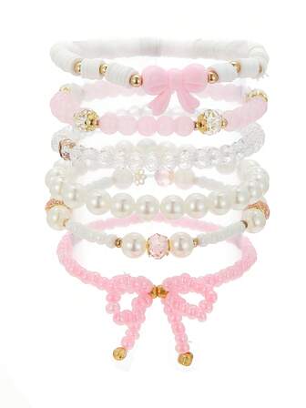 6 pezzi Braccialetti set con perle simulate, cristalli, fiocchi rosa e bianchi, accessori per ragazze, gioielli per amicizia e feste