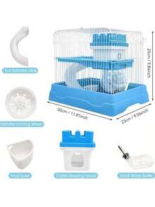 双层便携式仓鼠笼 - 迷你城堡栖息地，带滚轮、水瓶和食盆 - 适用于仓鼠/小鼠的通风旅行笼（蓝色/粉色/灰色）