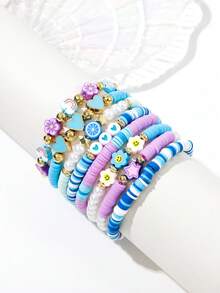 8 peças/Conjunto Pulseiras Elásticas de Argila Macia com Estampas Florais, Estrelas, Rostos Sorridentes, Corações, Nuvens, Adequadas para Presentes e Uso Diário