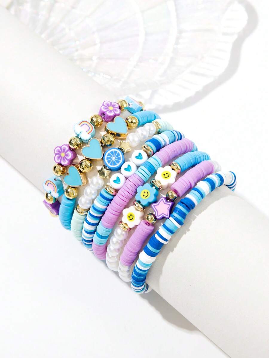 8 peças/Conjunto Pulseiras Elásticas de Argila Macia com Estampas Florais, Estrelas, Rostos Sorridentes, Corações, Nuvens, Adequadas para Presentes e Uso Diário
