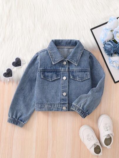 1pc Girls Classic Casual Retro Everyday Comfortable Blue Denim Jacket, New Arrival Autumn/Winter