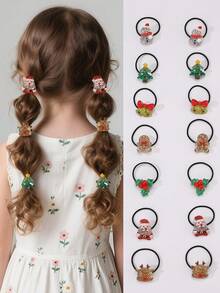 14pcs/Set Girls Christmas Hair Scrunchies & Hair Ties Santa Claus & Christmas Tree Themed Set, Suitable For Holiday Decoration - Multicolor - View 1
