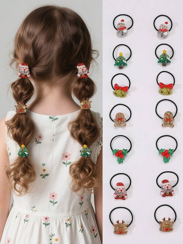 14pcs/Set Girls Christmas Hair Scrunchies & Hair Ties Santa Claus & Christmas Tree Themed Set, Suitable For Holiday Decoration