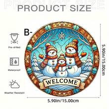 1PC Double Snowman Welcome Sign - Vintage Round Acrylic Hanging Decoration With Stained Glass Style Snowflakes & Holly Berry, Bright White For Christmas, Thanksgiving, Halloween-Christmas Gifts, Holiday Display, Bohemian Style, Colorful Snowflakes