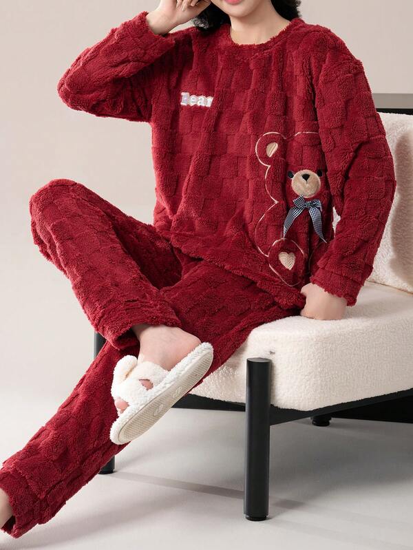 Cute Striped Fluffy Pajama Set, Bear Pattern Comfortable Wool Flannel Fleece Thick Warm Fluffy Pajama Set , Women's Polyester Sleepwear Top And Pants, Suitable For New Year , Long Sleeve Round Neck Top & Pants Homewear 2-Pieces Set, Fall Winter Clothes, Christmas, Cozy