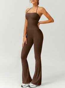NcmRyu 1pc Women Seamless Elastic Sports Racerback Waist Lifting Shaping Sexy Casual Jumpsuit Pants - Brown - View 8