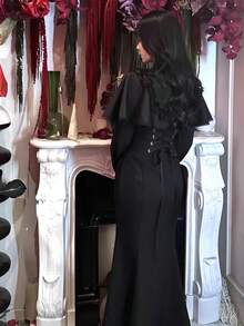 冬季女式洛丽塔披肩哥特美人鱼派对黑色连衣裙圣诞派对优雅别致蕾丝拼接蝴蝶结修身圣诞夜惊魂（不含头饰） - 黑色 - 查看 12