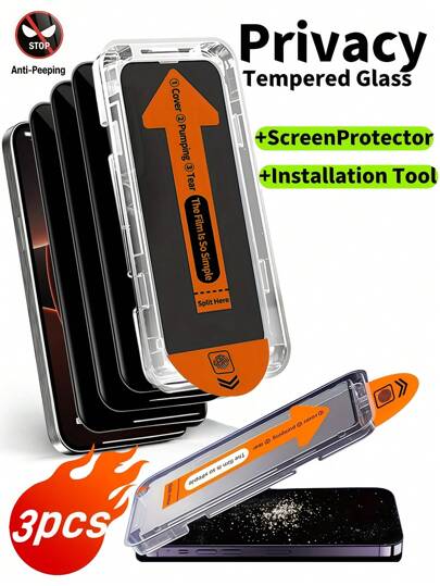 3 st. sekretessskärmskydd med automatisk installationskit kompatibelt med 17/17 Pro/17 Pro Max/17 Air/15 Pro Max/15 Pro/15 Plus/15/14 Pro Max/14 Pro/14 Plus/14/13 Pro Max/13 Pro/13/12 Pro Max/12 Pro/12/11 Pro Max/11 Pro/11/XS Max/XS/XR/X, 9H härdat glas, repfritt, fingeravtrycksfritt, skalvänligt dynamiskt ö-skärmskydd med heltäckande skydd