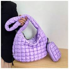 18'' Large Quilted Puffer Bag With Pouch For Women Large Puffer Tote Bag & Quilted Makeup Bag Quilted Crossbody Bag Hobo Crossbody Lightweight Padding Puff Purse Tote Bag Soft Padding Hobo Puffer Shoulder Handbag Quilted Carryall Bag Lightweight For Women Everyday Work Travel GYM - 二合一紫色 - 查看 5