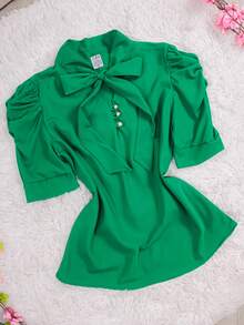 Women's Formal Blouse With Short Puff Sleeves And Bow No. 8 - 綠色 - 查看 1