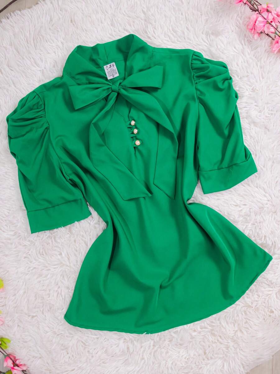 Women's Formal Blouse With Short Puff Sleeves And Bow No. 8 - 綠色 - 查看 1