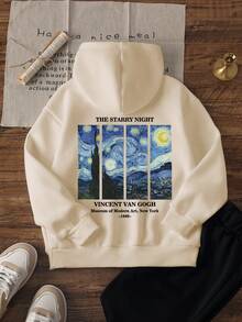 1 hanorac casual cu imprimeu pentru fete preadolescente, hanorac cu mânecă lungă și căptușeală termică, toamnă/iarnă, student - Hanorac Space Universe conceput pentru visătorii care urmăresc stelele