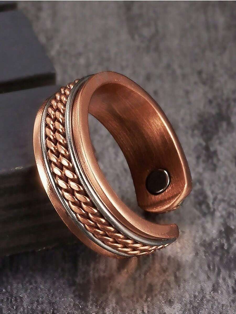 可调节纯铜磁性扭曲手工编织能量环，男士适用 - 棕色 - 查看 1