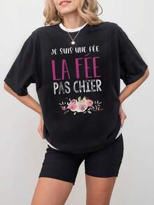 Plus Size Women T-Shirt French Text Floral Crew Neck Short Sleeve Casual Spring Summer Fall Vacation Black - Black - View 4