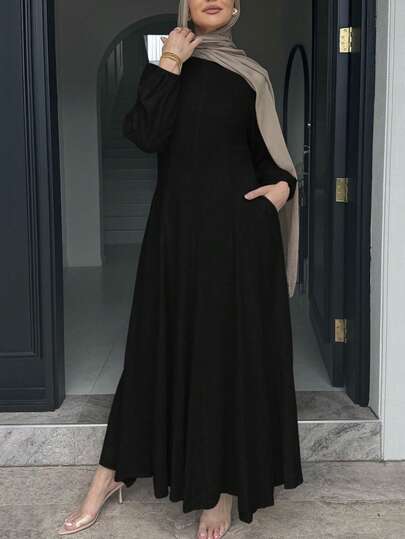 Women's Casual Loose Solid Color Waist-Slimming Hem Long Sleeve Dress