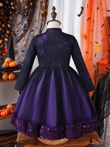 Halloween Girls' Funny Spider Web Sequin Mesh Dress, Festive Atmosphere - Purple - View 2