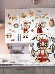 1 buah Stiker Dapur Koki Kartun Tahan Air PVC Perekat Mudah Dilepas Cocok untuk Dapur Restoran Stiker Dinding Ruang Tamu Dekorasi Rumah Segarkan Rumah Anda Stiker Dekorasi Liburan Hadiah Ulang Tahun Wisuda - MultiWarna - View 11